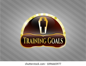   Golden badge with dead man in his coffin icon and Training Goals text inside