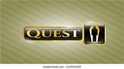  Golden badge with dead man in his coffin icon and Quest text inside