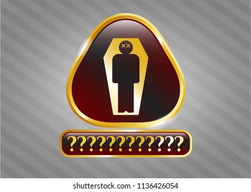  Golden badge with dead man in his coffin icon and Question Mark text inside