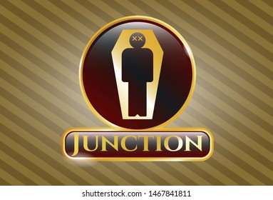  Golden badge with dead man in his coffin icon and Junction text inside