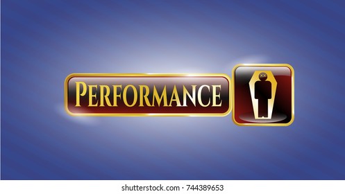  Golden badge with dead man in his coffin icon and Performance text inside