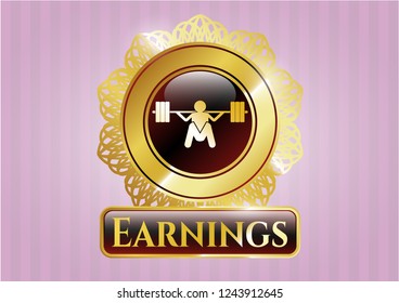  Golden badge with deep squat icon and Earnings text inside