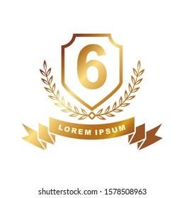 Golden badge design number with a laurel wreath white background. Vector illustration logo emblem. For the guarantee, anniversary, birthday, winner.
