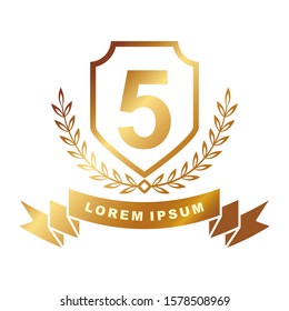 Golden badge design number with a laurel wreath white background. Vector illustration logo emblem. For the guarantee, anniversary, birthday, winner.