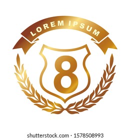 Golden badge design number with a laurel wreath white background. Vector illustration logo emblem. For the guarantee, anniversary, birthday, winner.