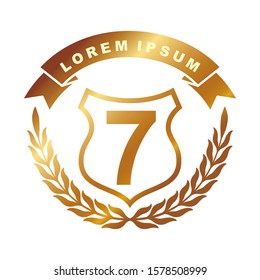 Golden badge design number with a laurel wreath white background. Vector illustration logo emblem. For the guarantee, anniversary, birthday, winner.