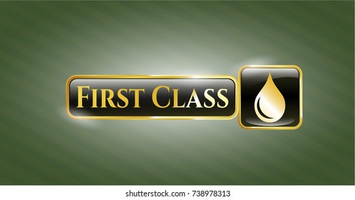  Golden badge with drop icon and First Class text inside