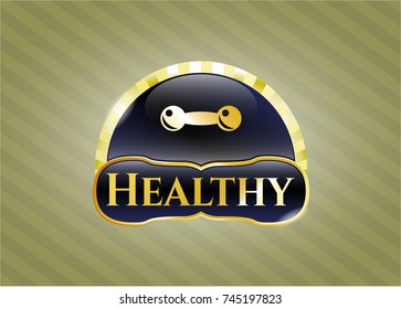  Golden badge with dumbbell icon and Healthy text inside