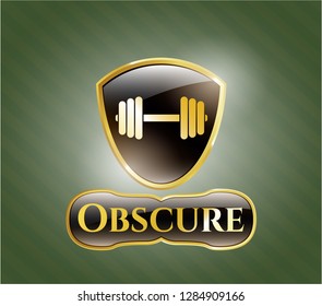  Golden badge with dumbbell icon and Obscure text inside