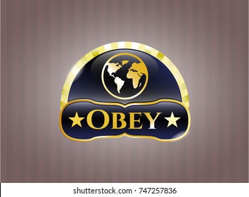  Golden badge with earth icon and Obey text inside