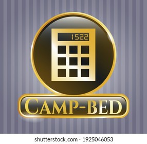 Golden badge or emblem with calculator icon and Camp-bed text inside