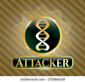 Golden badge or emblem with dna icon and Attacker text inside