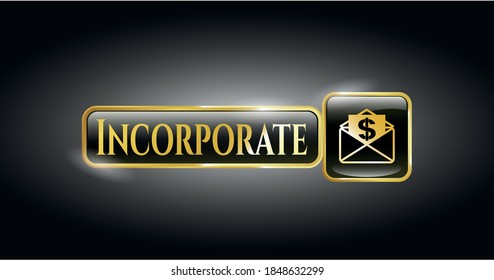 Golden badge or emblem with envelope with paper with money symbol inside icon and Incorporate text inside