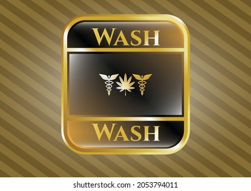 Golden badge or emblem with medicinal weed icon and Wash text inside