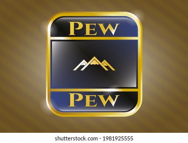 Golden badge or emblem with mountain icon and Pew text inside
