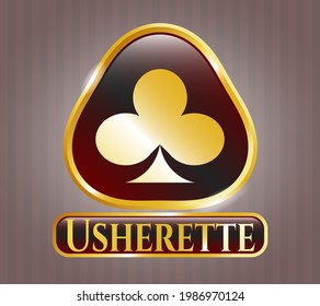 Golden badge or emblem with poker clover icon and Usherette text inside
