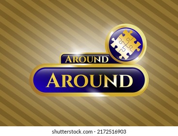 Golden badge or emblem with solution icon and Around text inside