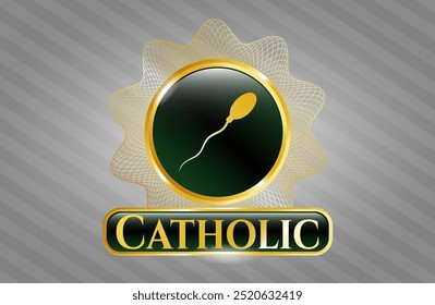 Insignia de oro o emblema con el icono del esperma y el texto católico dentro