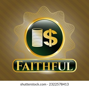 Señal de oro o emblema con pila de monedas icono y texto fiel dentro