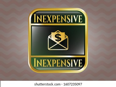  Golden badge with envelope with paper with money symbol inside icon and Inexpensive text inside