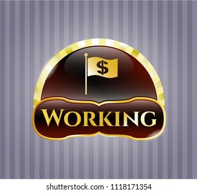  Golden badge with flag with money symbol inside icon and Working text inside