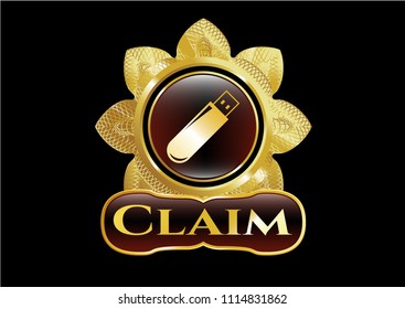  Golden badge with flash drive icon and Claim text inside