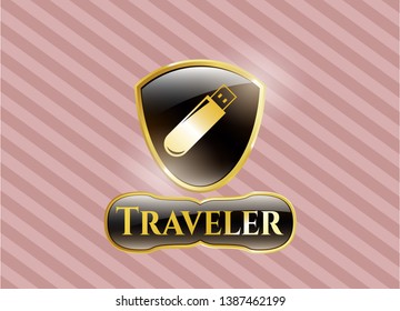  Golden badge with flash drive icon and Traveler text inside