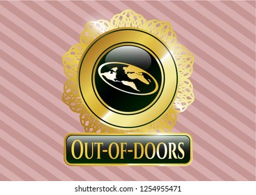  Golden badge with flat earth icon and Out-of-doors text inside