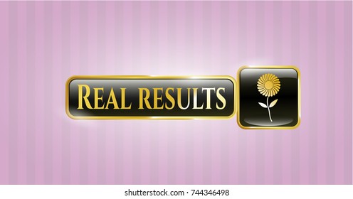  Golden badge with flower icon and Real results text inside