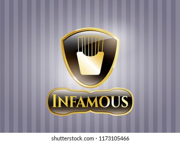  Golden badge with fries icon and Infamous text inside