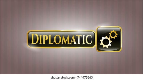  Golden badge with gear, team work icon and Diplomatic text inside