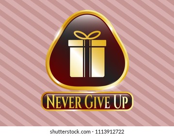   Golden badge with gift box icon and Never Give Up text inside