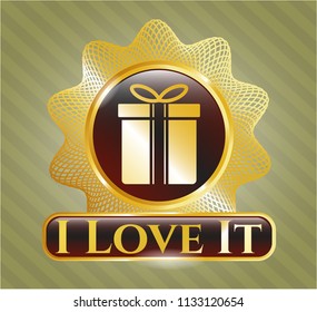  Golden badge with gift box icon and I Love It text inside