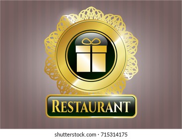  Golden badge with gift box icon and Restaurant text inside