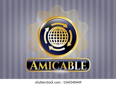  Golden badge with globalization icon and Amicable text inside