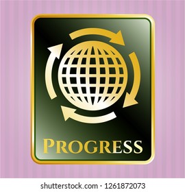  Golden badge with globalization icon and Progress text inside