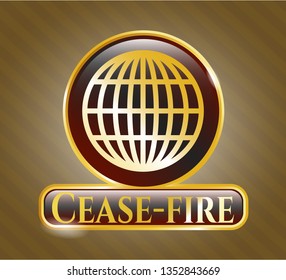  Golden badge with globe, website icon and Cease-fire text inside