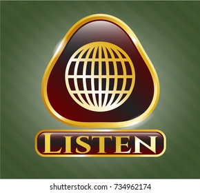  Golden badge with globe, website icon and Listen text inside