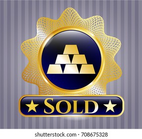  Golden badge with gold bullion icon and Sold text inside mining bar treasure finance business golden precious wealth stack rich market investment bricks minerals ingot sold out promotion trade