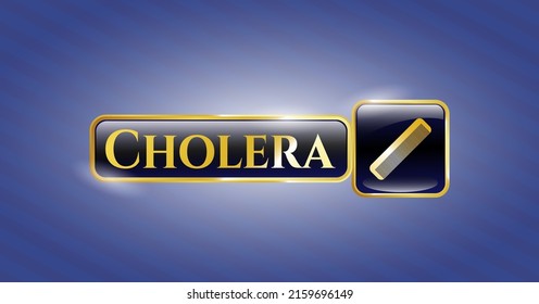 Golden badge with hair comb icon and Cholera text inside