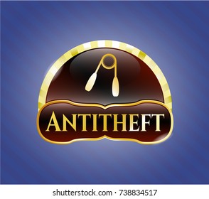  Golden badge with hand gripper icon and Antitheft text inside