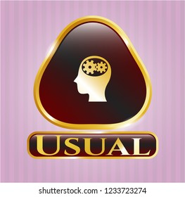  Golden badge with head with gears inside icon and Usual text inside