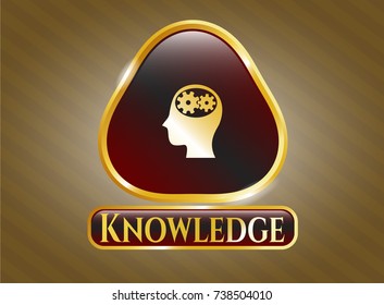  Golden badge with head with gears inside icon and Knowledge text inside