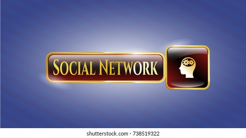  Golden badge with head with gears inside icon and Social Network text inside