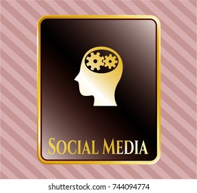  Golden badge with head with gears inside icon and Social Media text inside