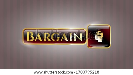  Golden badge with head with gears inside icon and Bargain text inside