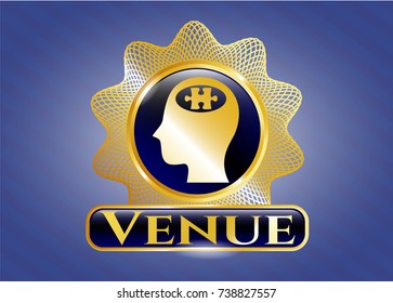  Golden badge with head with jigsaw puzzle piece icon and Venue text inside