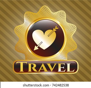  Golden badge with heart with arrow icon and Travel text inside