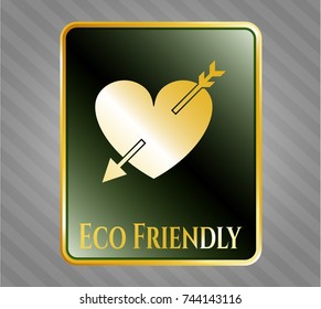  Golden badge with heart with arrow icon and Eco Friendly text inside