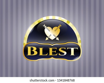  Golden badge with heart with two arrows icon and Blest text inside
